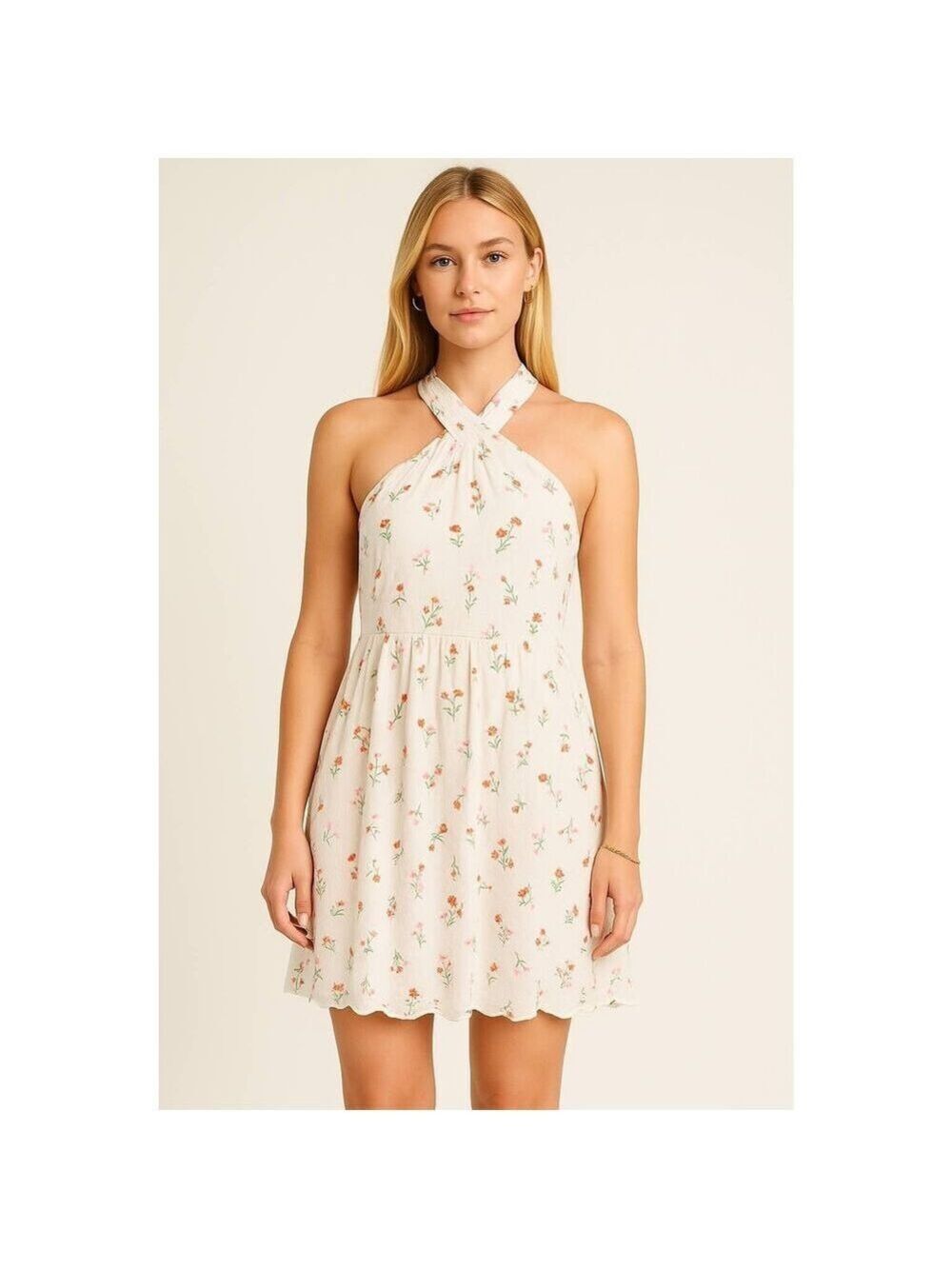 NWOT Fourteenth Place Floral Halter Dress White Pink Orange Medium Rayon